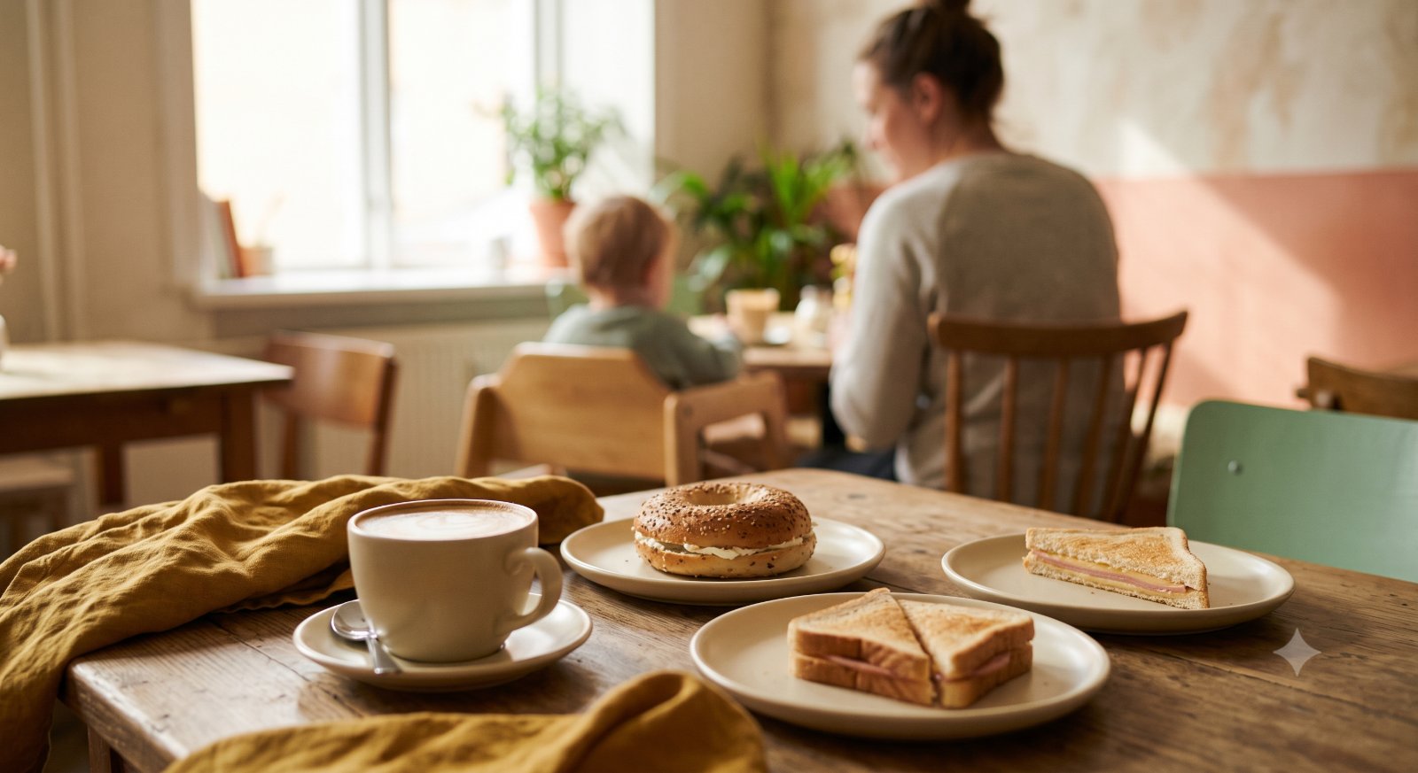 Cappuccino, fersk bagel og toast på et koselig kafébord hos MaPa